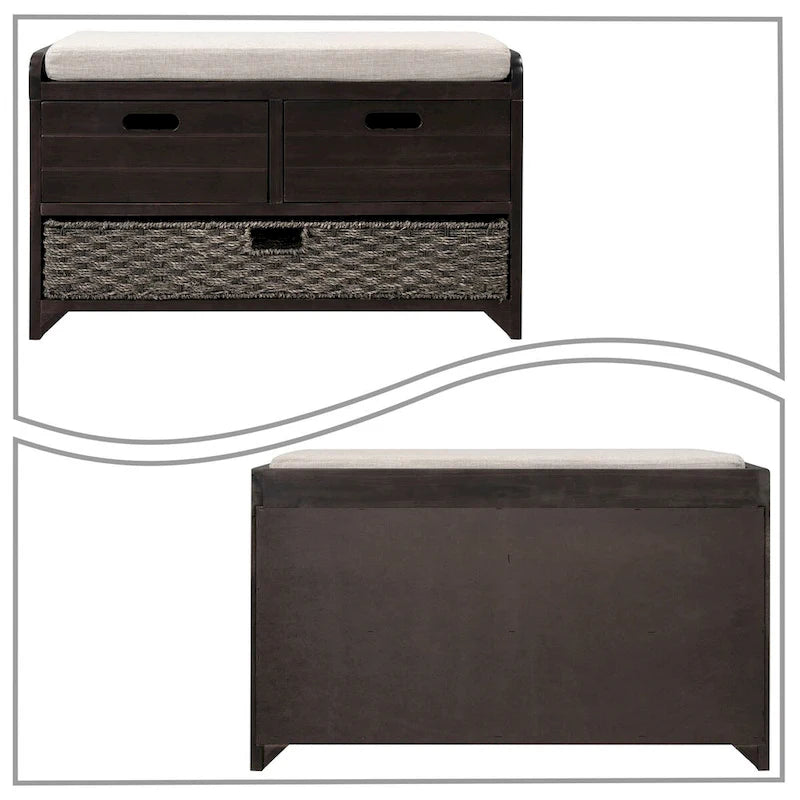 Panca in legno in stile Farmhouse moderno con 2 cassetti e un cesto portaoggetti intrecciato