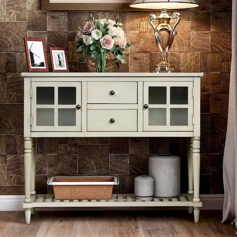 Madia Consolle con Ripiano Inferiore, Credenza Contenitore da Soggiorno in Legno/Vetro Stile Rustico (Grigio Antico)