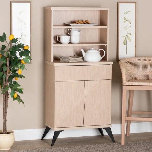 Draper Mid-Century Modern Two-Tone Light Brown and Black Wood Kitchen Cabinet