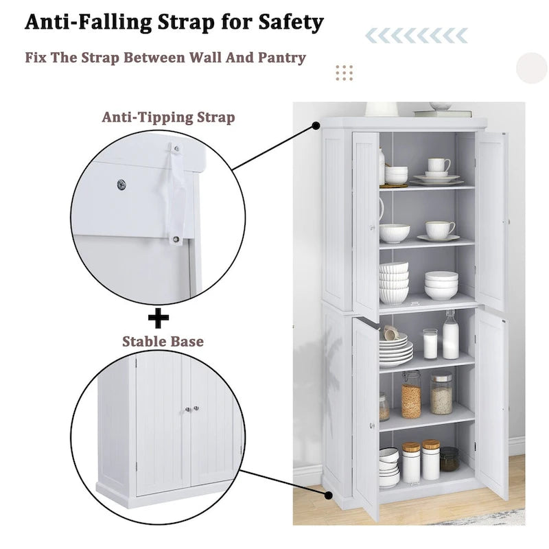 Dispensa Alta Autoportante da Cucina, Mobile Contenitore Organizer con 4 Ante e Ripiani Regolabili