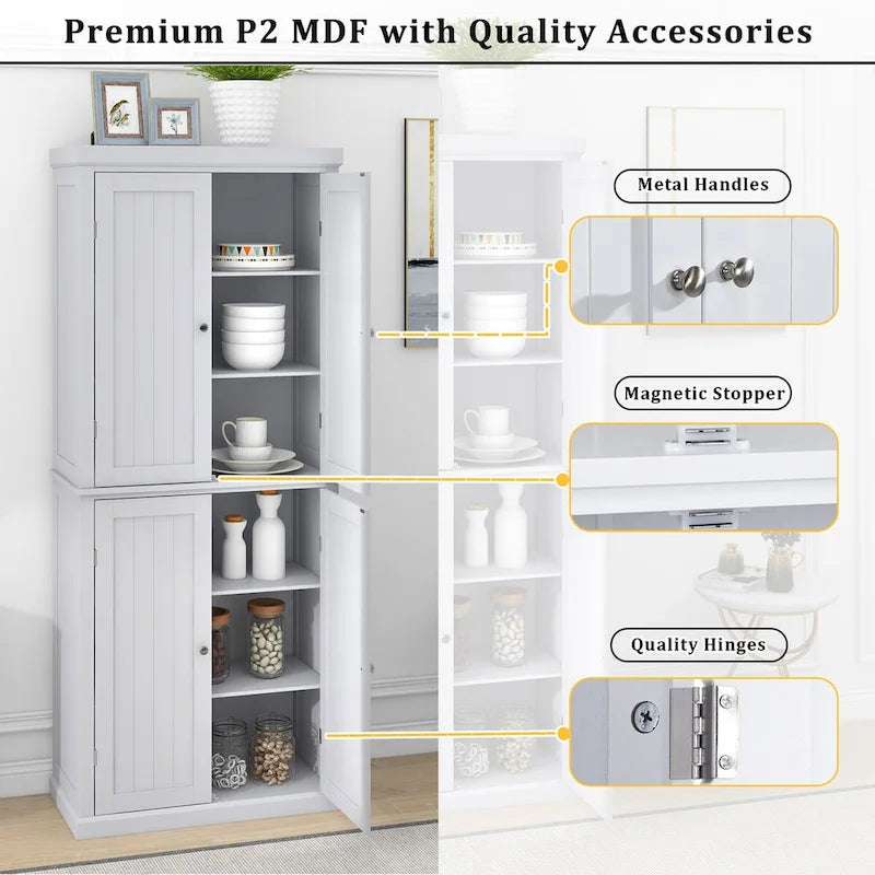 Dispensa Alta Autoportante da Cucina, Mobile Contenitore Organizer con 4 Ante e Ripiani Regolabili