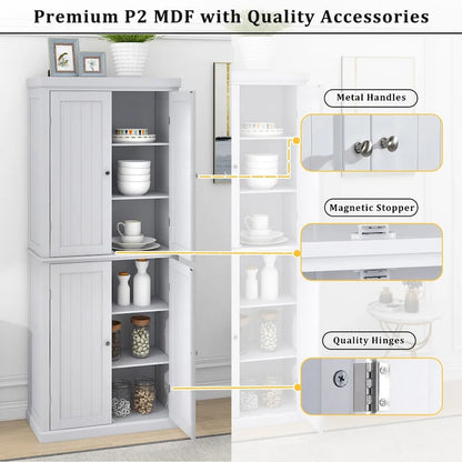 Dispensa Alta Autoportante da Cucina, Mobile Contenitore Organizer con 4 Ante e Ripiani Regolabili