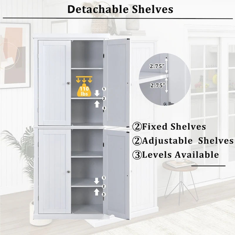 Dispensa Alta Autoportante da Cucina, Mobile Contenitore Organizer con 4 Ante e Ripiani Regolabili