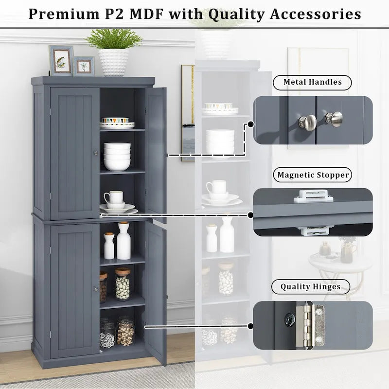 Dispensa Alta Autoportante da Cucina, Mobile Contenitore Organizer con 4 Ante e Ripiani Regolabili