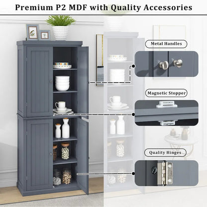 Dispensa Alta Autoportante da Cucina, Mobile Contenitore Organizer con 4 Ante e Ripiani Regolabili