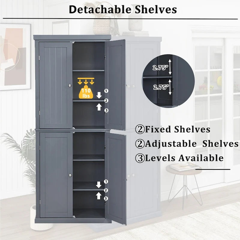 Dispensa Alta Autoportante da Cucina, Mobile Contenitore Organizer con 4 Ante e Ripiani Regolabili