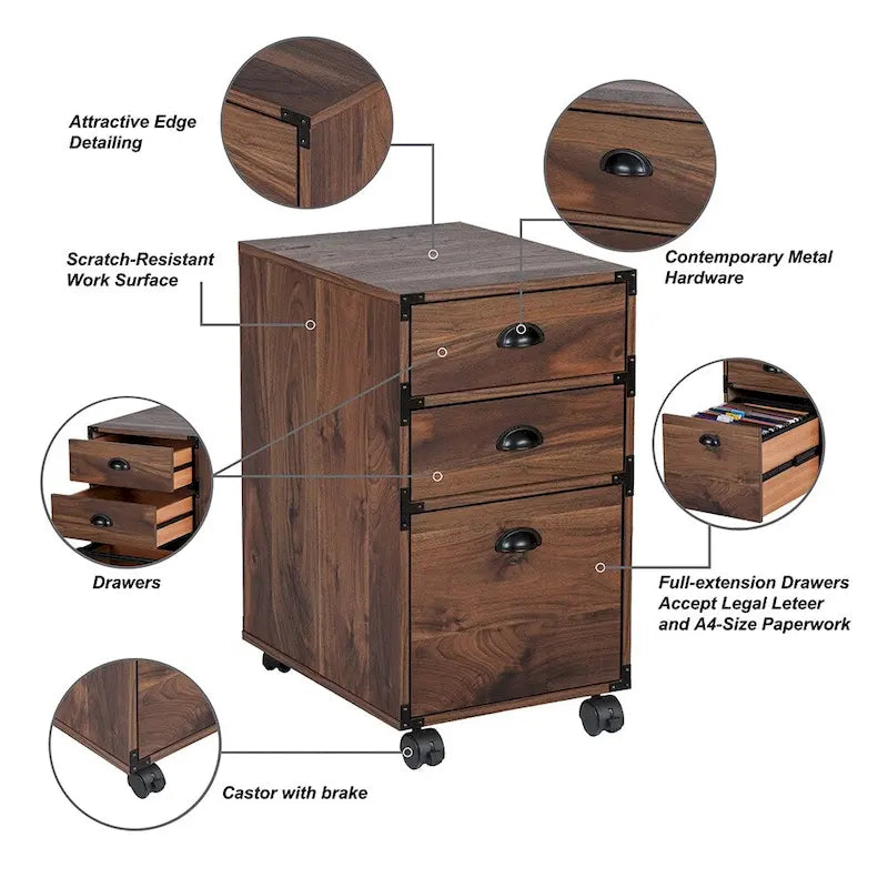 Cassettiera per archiviazione laterale a 3 cassetti su ruote – Mobile da ufficio in legno