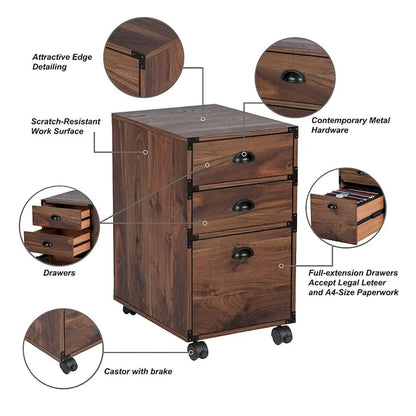 Cassettiera per archiviazione laterale a 3 cassetti su ruote – Mobile da ufficio in legno