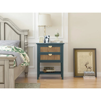 Comodino a 2 cassetti, Rattan Naturale, Tavolino, Adatto per camera da letto, soggiorno, studio