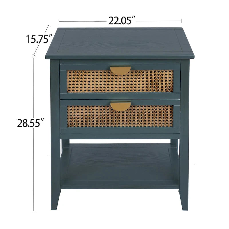 Comodino a 2 cassetti, Rattan Naturale, Tavolino, Adatto per camera da letto, soggiorno, studio