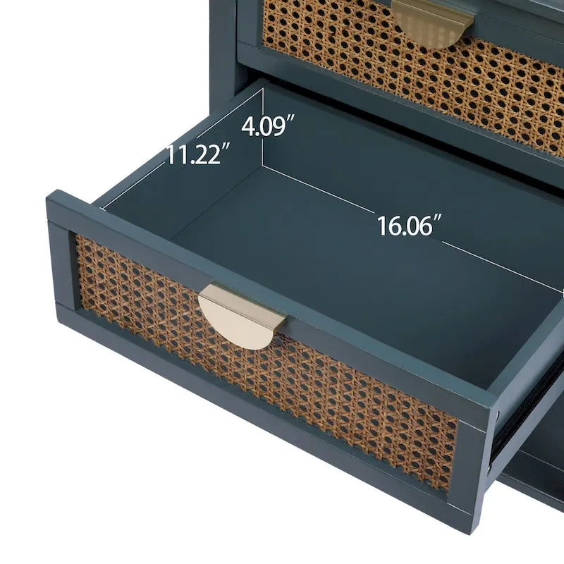 Comodino a 2 cassetti, Rattan Naturale, Tavolino, Adatto per camera da letto, soggiorno, studio