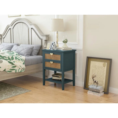 Comodino a 2 cassetti, Rattan Naturale, Tavolino, Adatto per camera da letto, soggiorno, studio