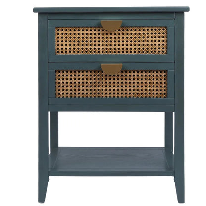 Comodino a 2 cassetti, Rattan Naturale, Tavolino, Adatto per camera da letto, soggiorno, studio