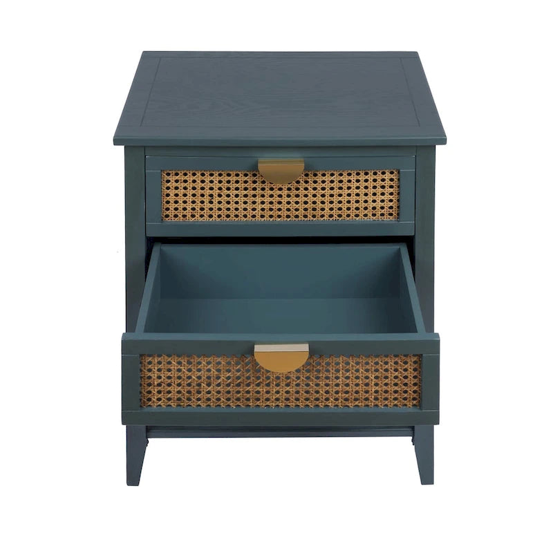 Comodino a 2 cassetti, Rattan Naturale, Tavolino, Adatto per camera da letto, soggiorno, studio