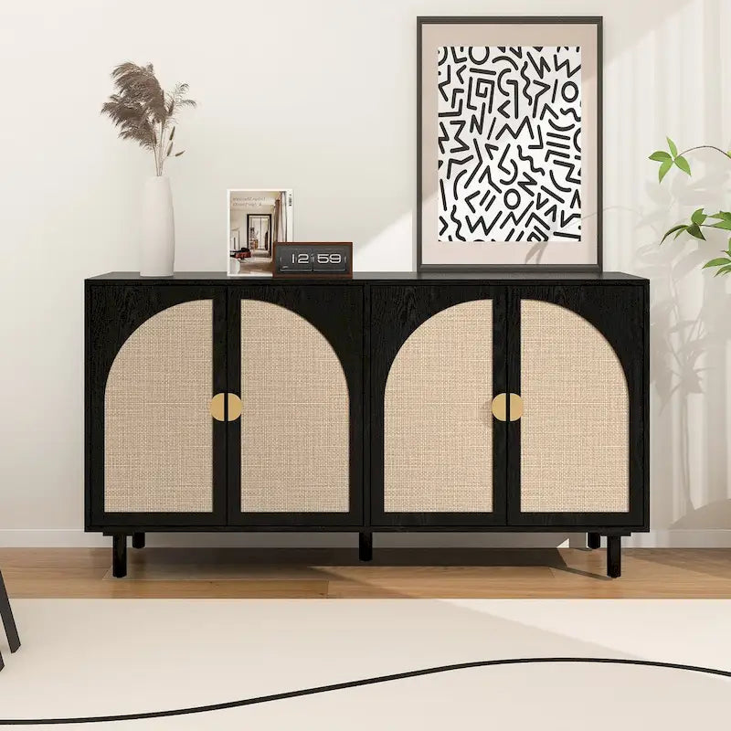 Armadio in Rattan a 4 Ante con Ripiani Regolabili – Mobile Contenitore per Camera da Letto, Soggiorno e Studio