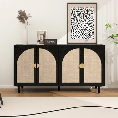 Armadio in Rattan a 4 Ante con Ripiani Regolabili – Mobile Contenitore per Camera da Letto, Soggiorno e Studio
