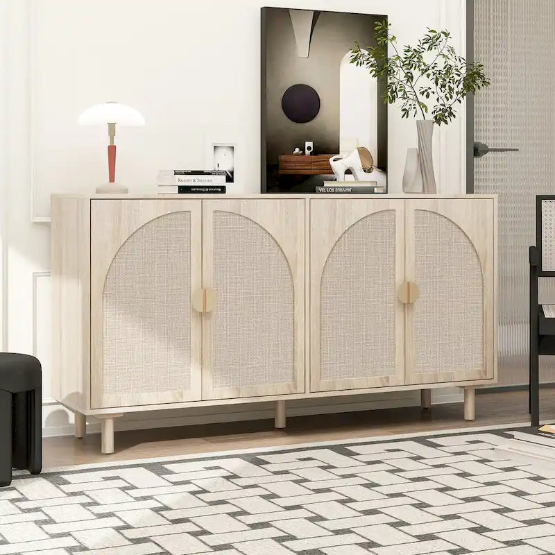 Armadio in Rattan a 4 Ante con Ripiani Regolabili – Mobile Contenitore per Camera da Letto, Soggiorno e Studio