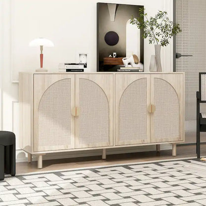 Armadio in Rattan a 4 Ante con Ripiani Regolabili – Mobile Contenitore per Camera da Letto, Soggiorno e Studio