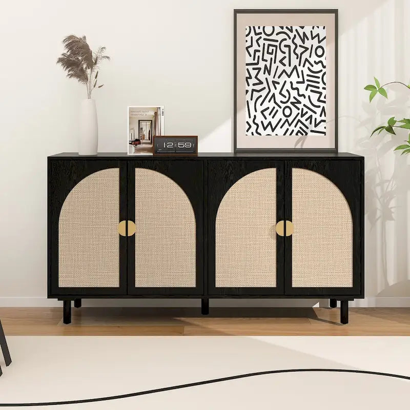 Armadio in Rattan a 4 Ante con Ripiani Regolabili – Mobile Contenitore per Camera da Letto, Soggiorno e Studio