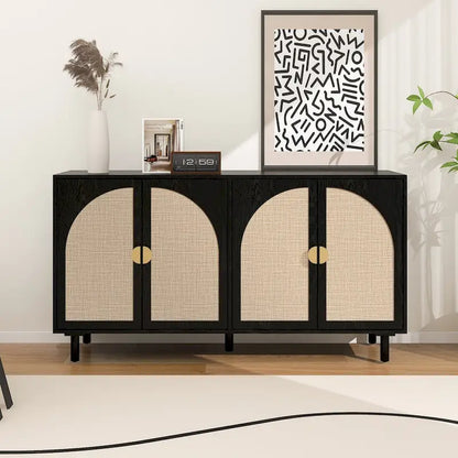 Armadio in Rattan a 4 Ante con Ripiani Regolabili – Mobile Contenitore per Camera da Letto, Soggiorno e Studio