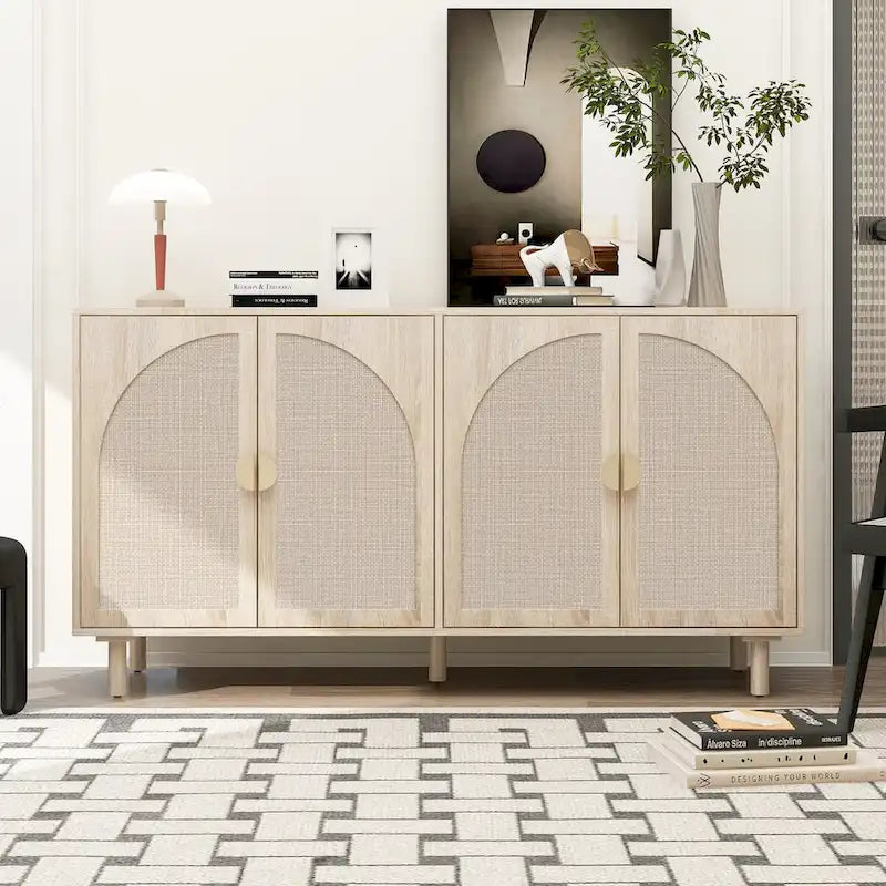 Armadio in Rattan a 4 Ante con Ripiani Regolabili – Mobile Contenitore per Camera da Letto, Soggiorno e Studio