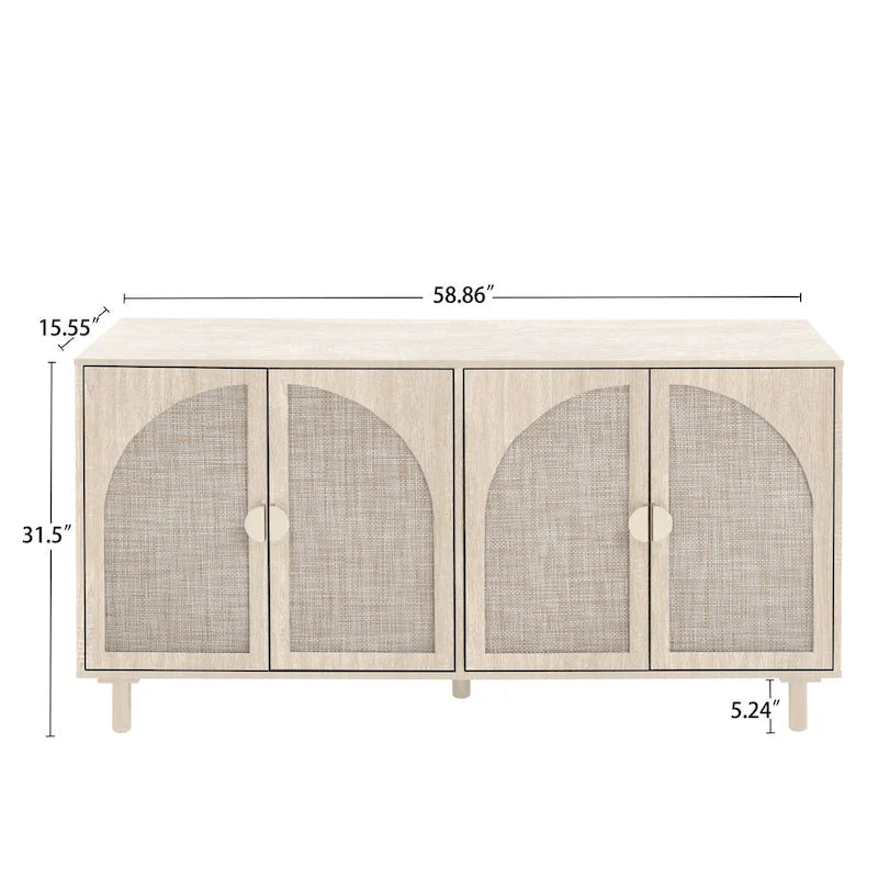 Armadio in Rattan a 4 Ante con Ripiani Regolabili – Mobile Contenitore per Camera da Letto, Soggiorno e Studio