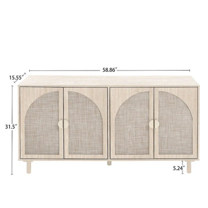 Armadio in Rattan a 4 Ante con Ripiani Regolabili – Mobile Contenitore per Camera da Letto, Soggiorno e Studio