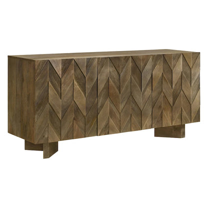 Credenza da pranzo a 3 ante in legno di mango con motivo a spina di pesce e ripiani regolabili