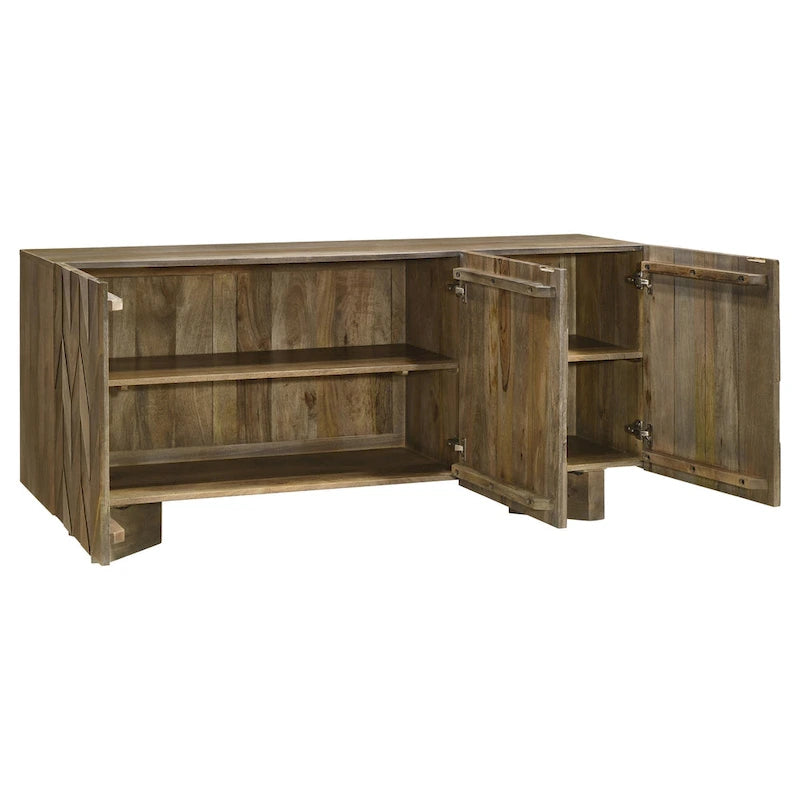 Credenza da pranzo a 3 ante in legno di mango con motivo a spina di pesce e ripiani regolabili