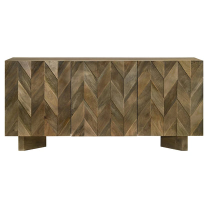 Credenza da pranzo a 3 ante in legno di mango con motivo a spina di pesce e ripiani regolabili