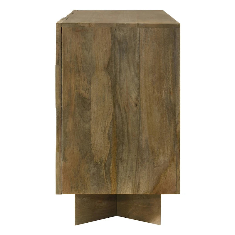Credenza da pranzo a 3 ante in legno di mango con motivo a spina di pesce e ripiani regolabili