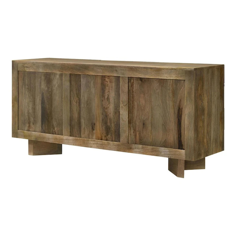 Credenza da pranzo a 3 ante in legno di mango con motivo a spina di pesce e ripiani regolabili