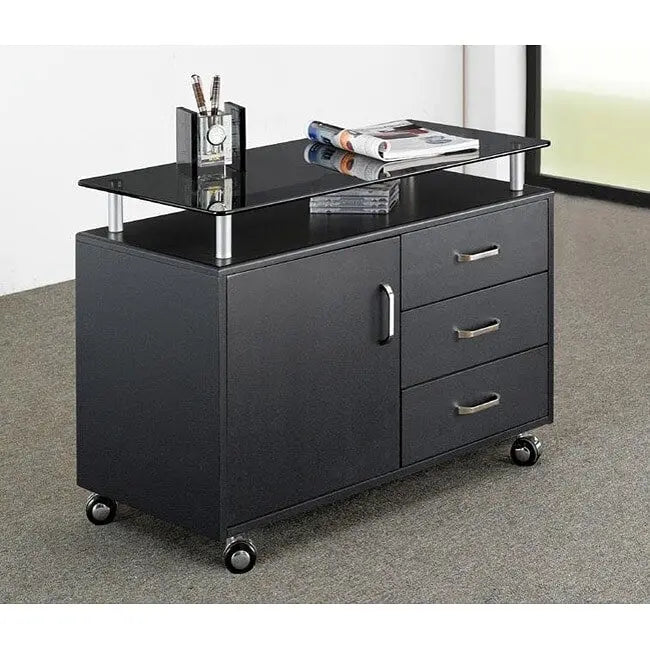 Armadietto scorrevole extra-large con piano in vetro fumé e 3 cassetti