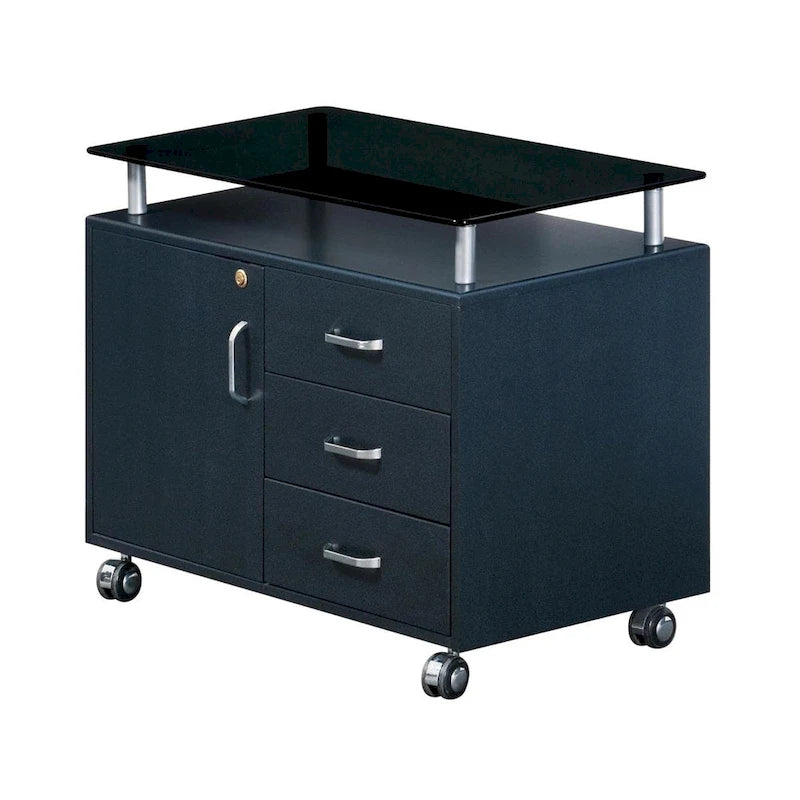 Armadietto scorrevole extra-large con piano in vetro fumé e 3 cassetti