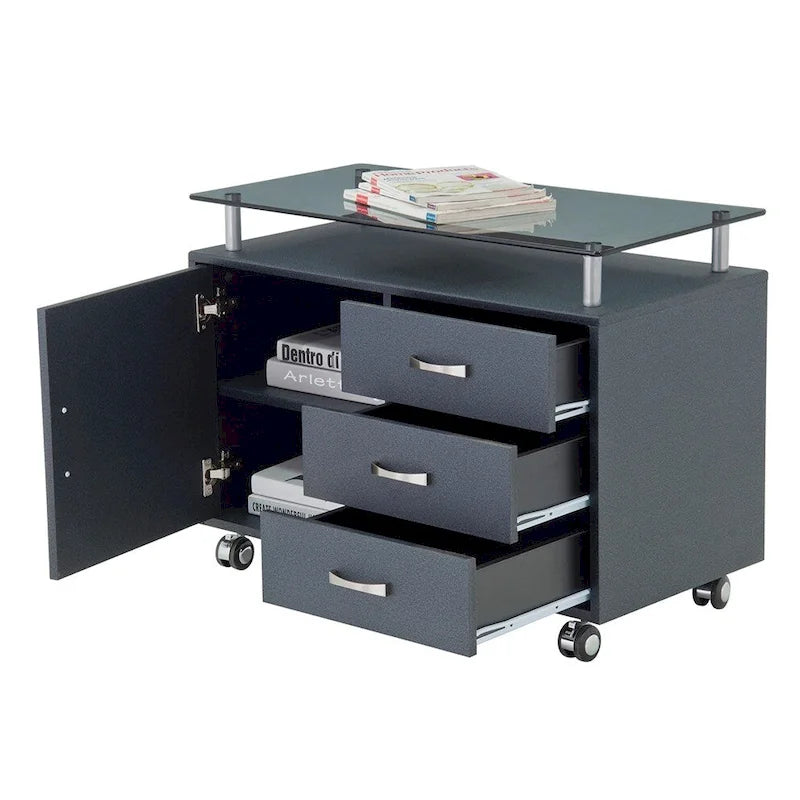 Armadietto scorrevole extra-large con piano in vetro fumé e 3 cassetti