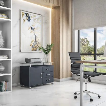 Armadietto scorrevole extra-large con piano in vetro fumé e 3 cassetti