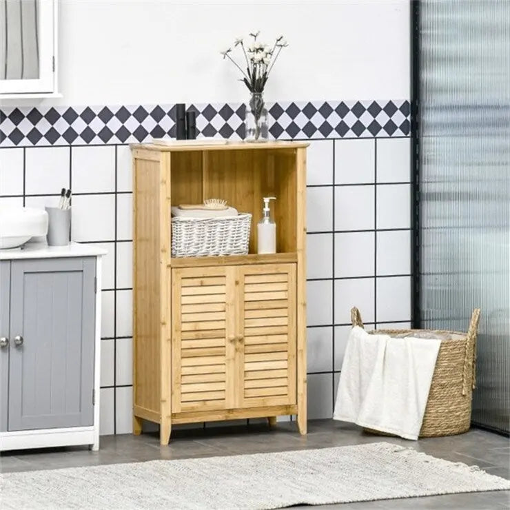 Mobiletto da Bagno in Bambù Naturale con Ripiano Regolabile