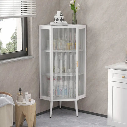 Mobile angolare da terra 22,25", a tre ripiani con ante in vetro temperato e mensole portaoggetti per bagno, soggiorno e camera da letto