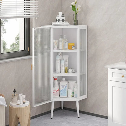 Mobile angolare da terra 22,25", a tre ripiani con ante in vetro temperato e mensole portaoggetti per bagno, soggiorno e camera da letto