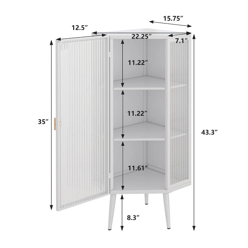 Mobile angolare da terra 22,25", a tre ripiani con ante in vetro temperato e mensole portaoggetti per bagno, soggiorno e camera da letto