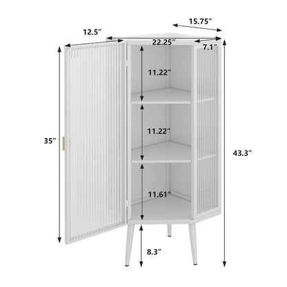 Mobile angolare da terra 22,25", a tre ripiani con ante in vetro temperato e mensole portaoggetti per bagno, soggiorno e camera da letto