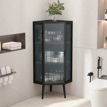 Mobile angolare da terra 22,25", a tre ripiani con ante in vetro temperato e mensole portaoggetti per bagno, soggiorno e camera da letto