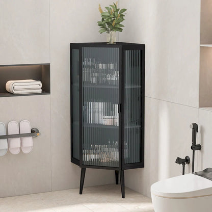 Mobile angolare da terra 22,25", a tre ripiani con ante in vetro temperato e mensole portaoggetti per bagno, soggiorno e camera da letto