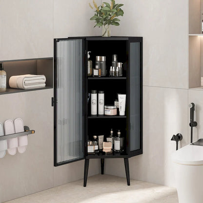 Mobile angolare da terra 22,25", a tre ripiani con ante in vetro temperato e mensole portaoggetti per bagno, soggiorno e camera da letto